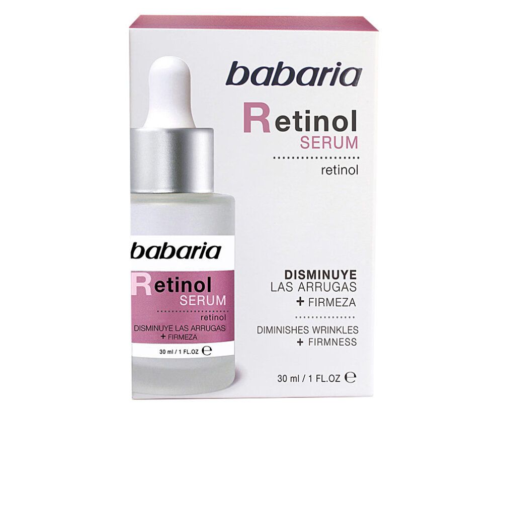 Flacone di siero Babaria Retinol con confezione. Flacone con pipetta, etichetta rosa, scatola bianca con nome e testo del prodotto.