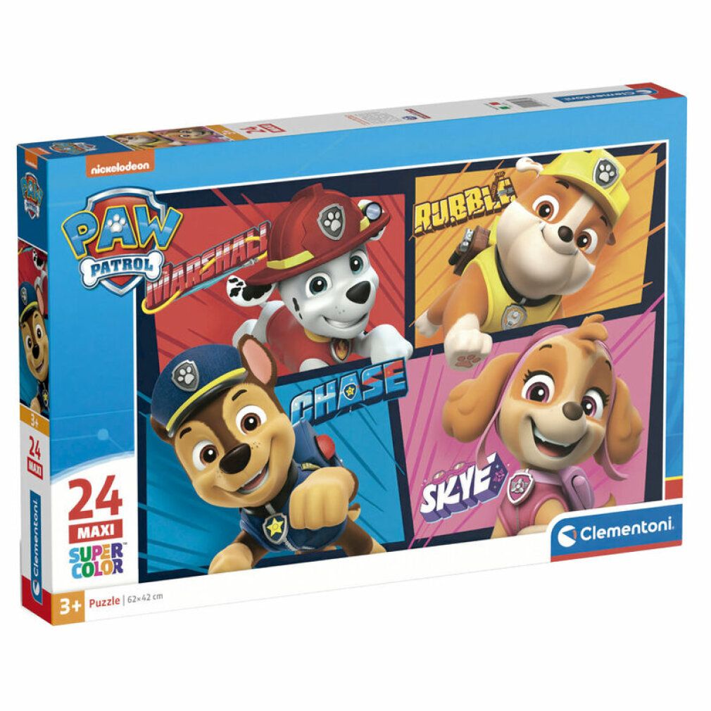 Puzzle Clementoni, 24 pezzi, Paw Patrol. Confezione con Marshall, Chase, Rubble e Skye. Scatola blu con motivo puzzle.