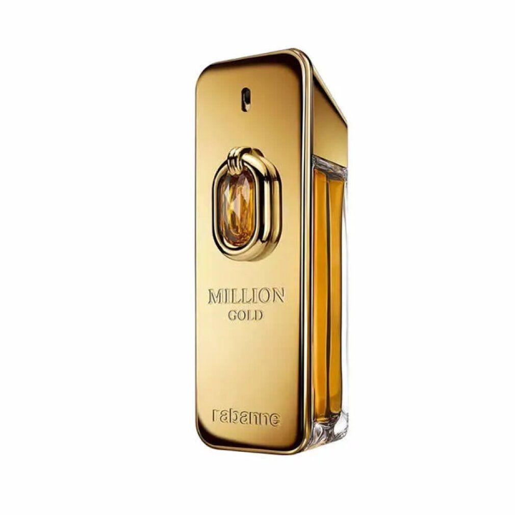 Flacone dorato con scritte "MILLION GOLD" e "rabanne", leggermente inclinato.