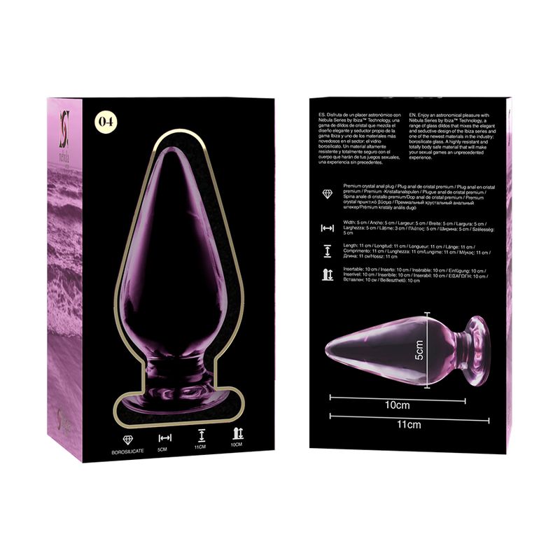 Plug anale in vetro rosa con base larga, lungo 11 cm, largo 5 cm.