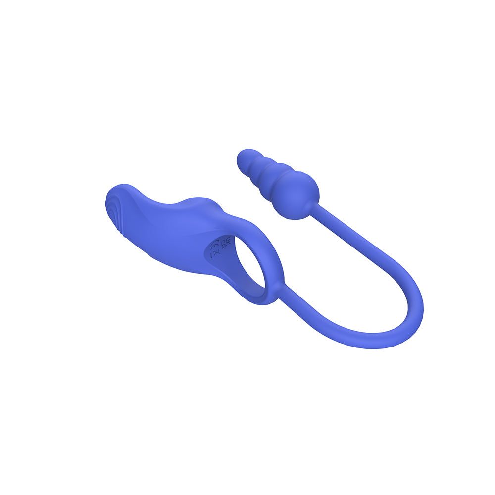 Vibratore anale blu con estremità scanalata e forma curva. Base ad anello.