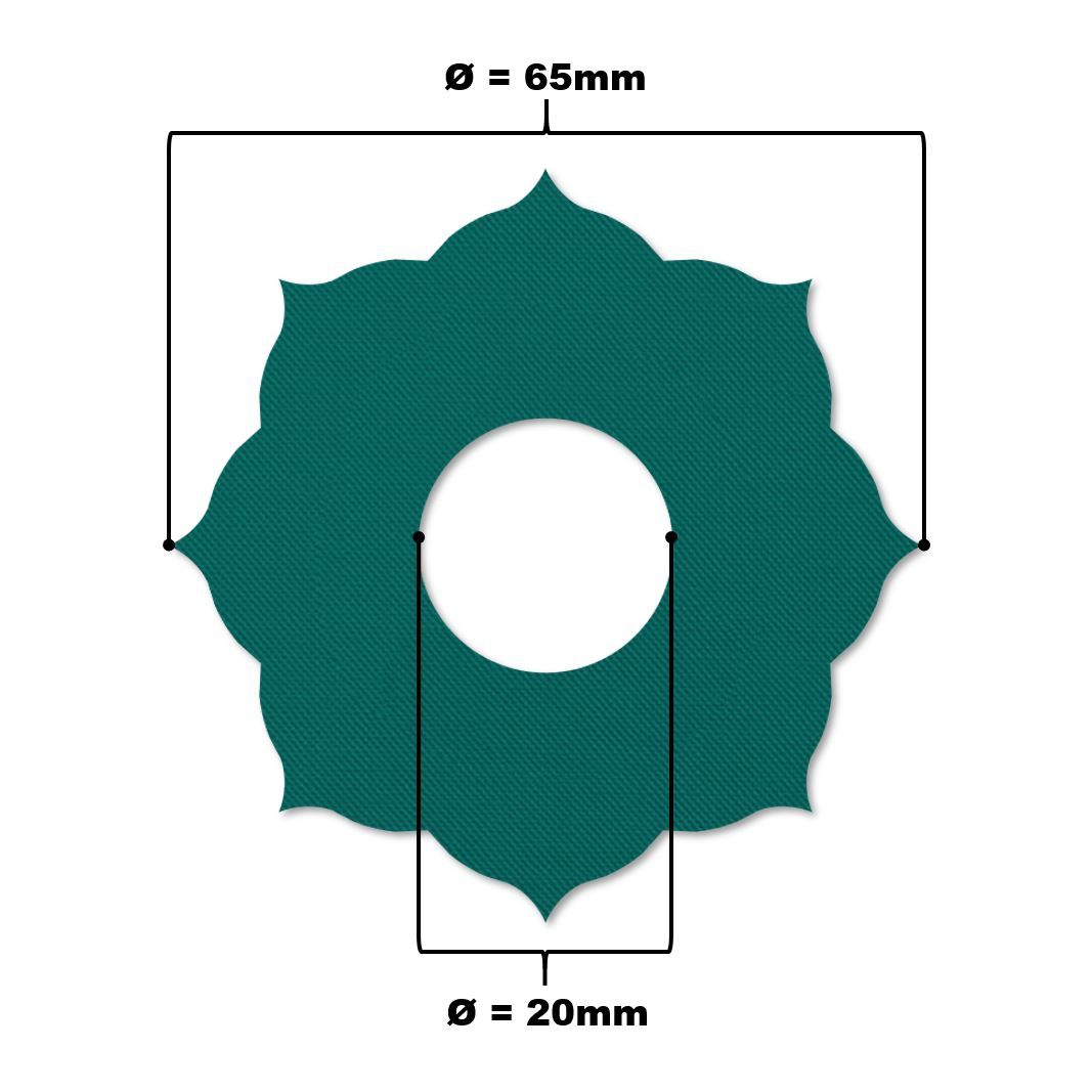 Adesivo a forma di foglia con foro. Diametro 65 mm, foro 20 mm. Verde turchese con trama. Indicazioni dimensioni.