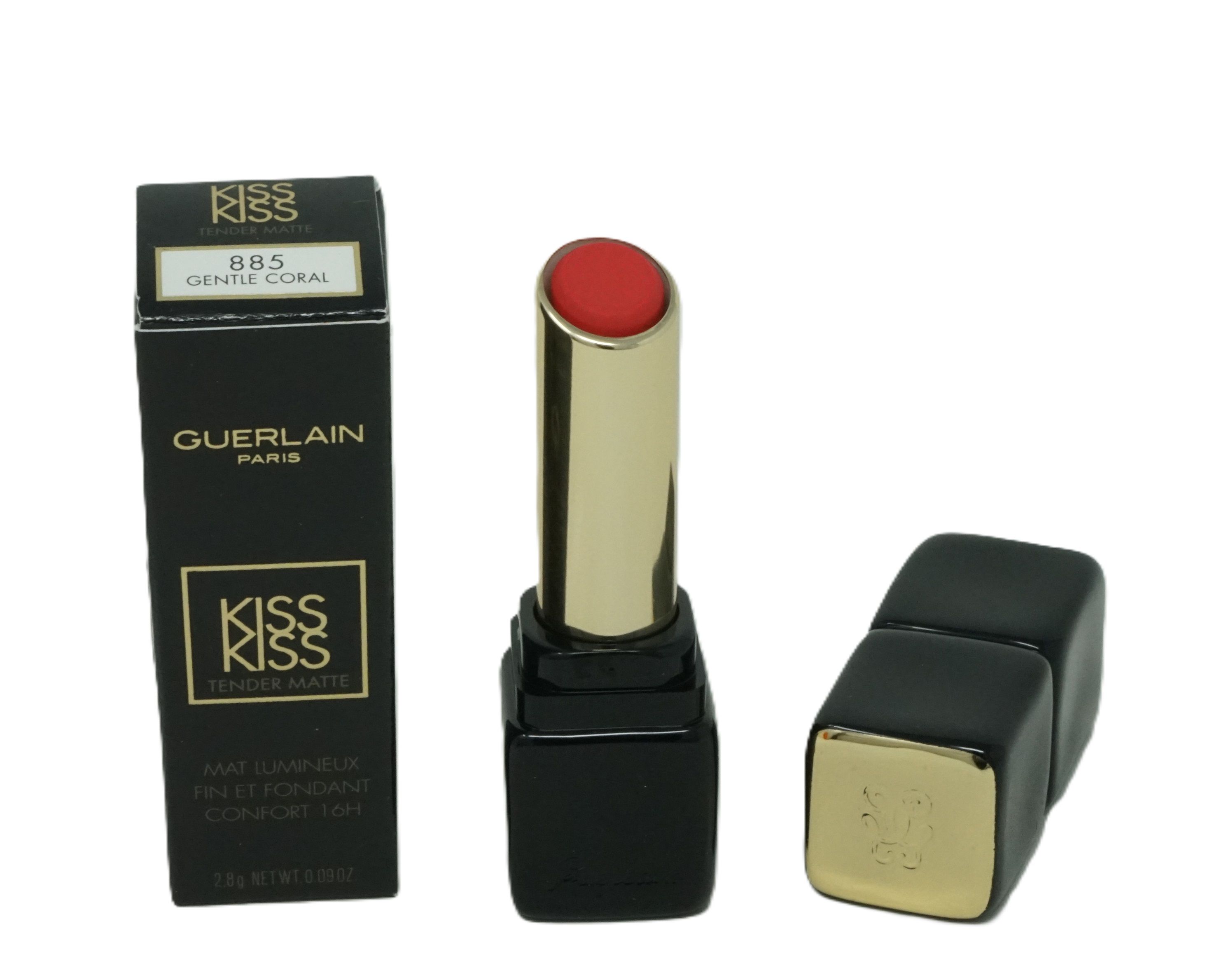 Rossetto rosso con astuccio dorato e confezione nera. Sulla confezione sono visibili "KISSKISS" e "GUERLAIN PARIS".