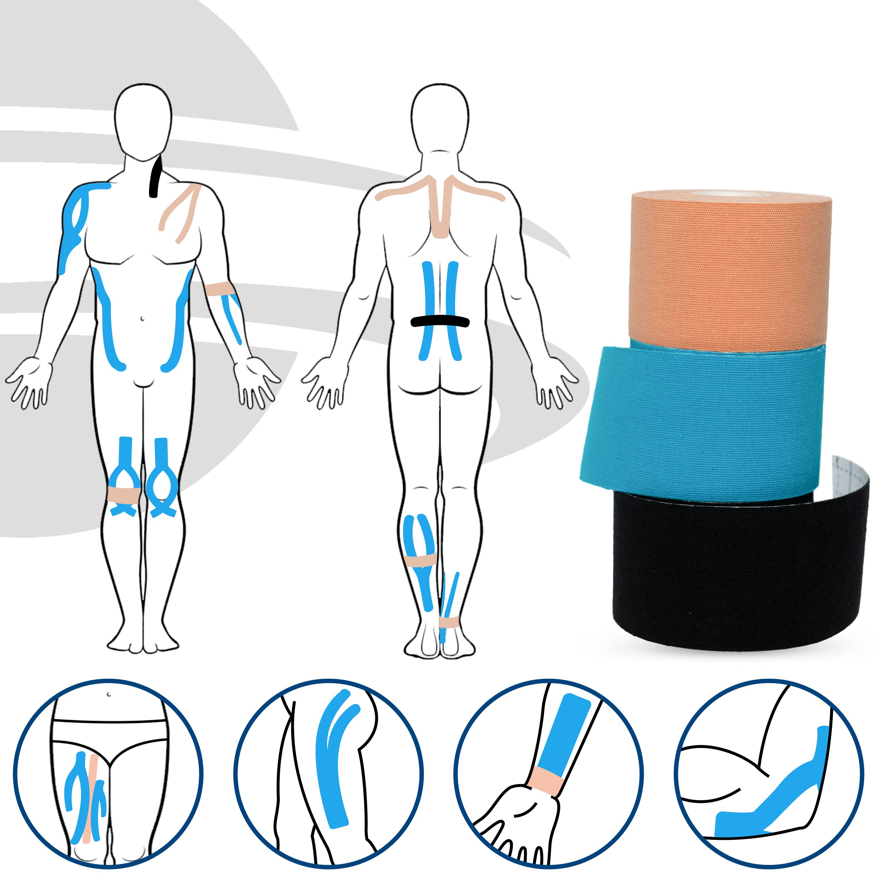 Rotoli di kinesio tape beige, blu e nero. Diagramma con applicazioni di tape sui corpi. Logo.
