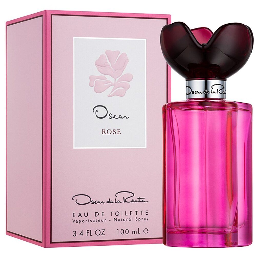 Flacone rosa con tappo a fiore nero e confezione rosa. Sulla confezione è scritto "Oscar Rose Eau de Toilette".