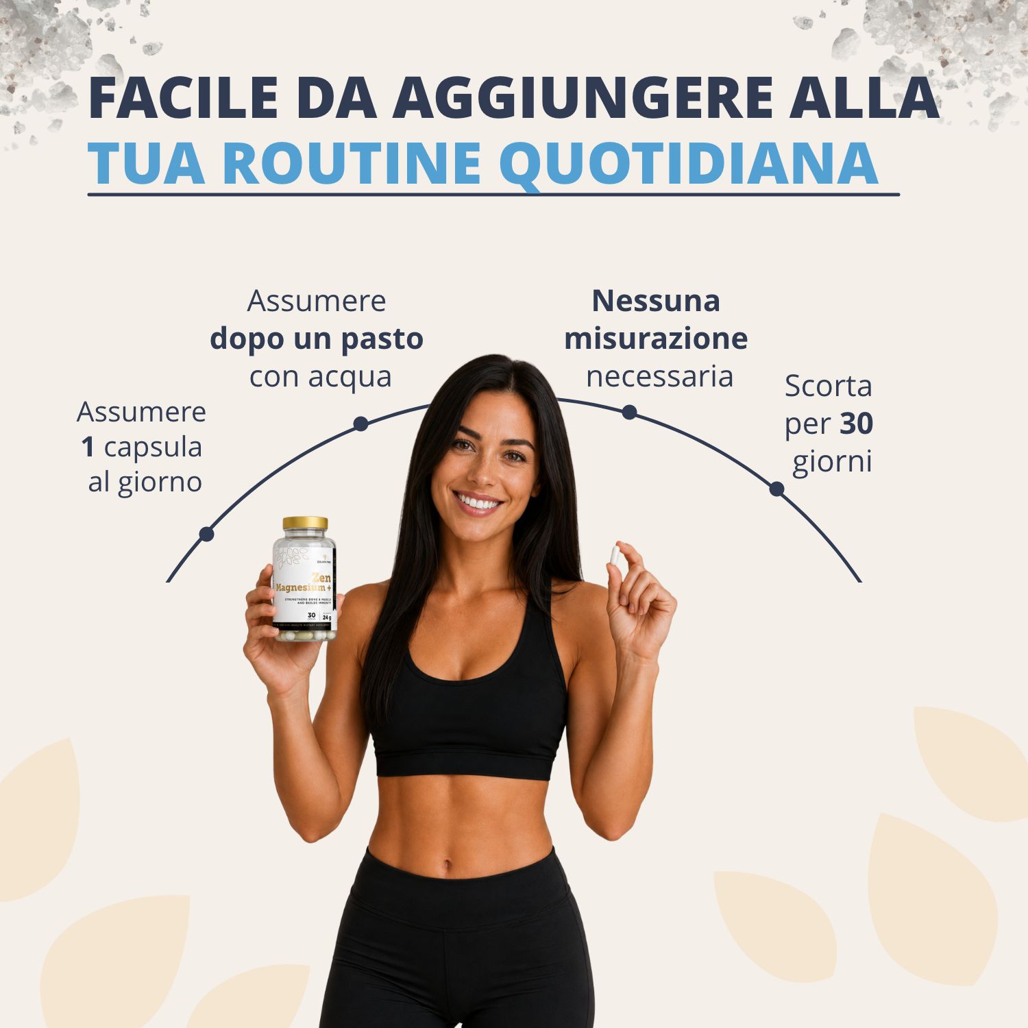 Donna tiene flacone Zen Magnesium+, mostra la facile assunzione quotidiana con acqua.