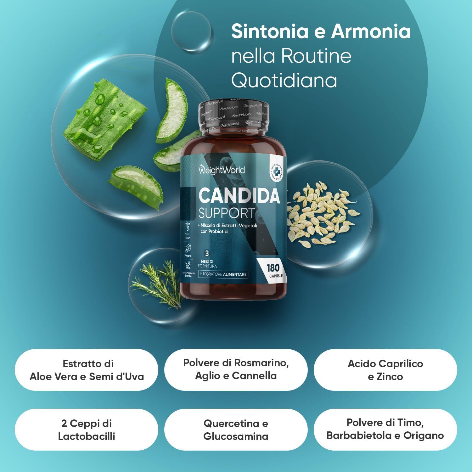 Flacone marrone con capsule. Scritta: Candida Support. Con estratti e probiotici. 180 capsule. Ingredienti.