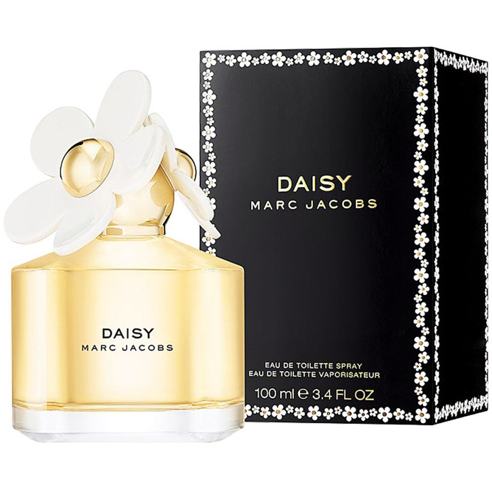 Flacone profumo Daisy Marc Jacobs con tappo a fiore bianco e scatola nera. Scritta: DAISY. Eau de Toilette Spray.