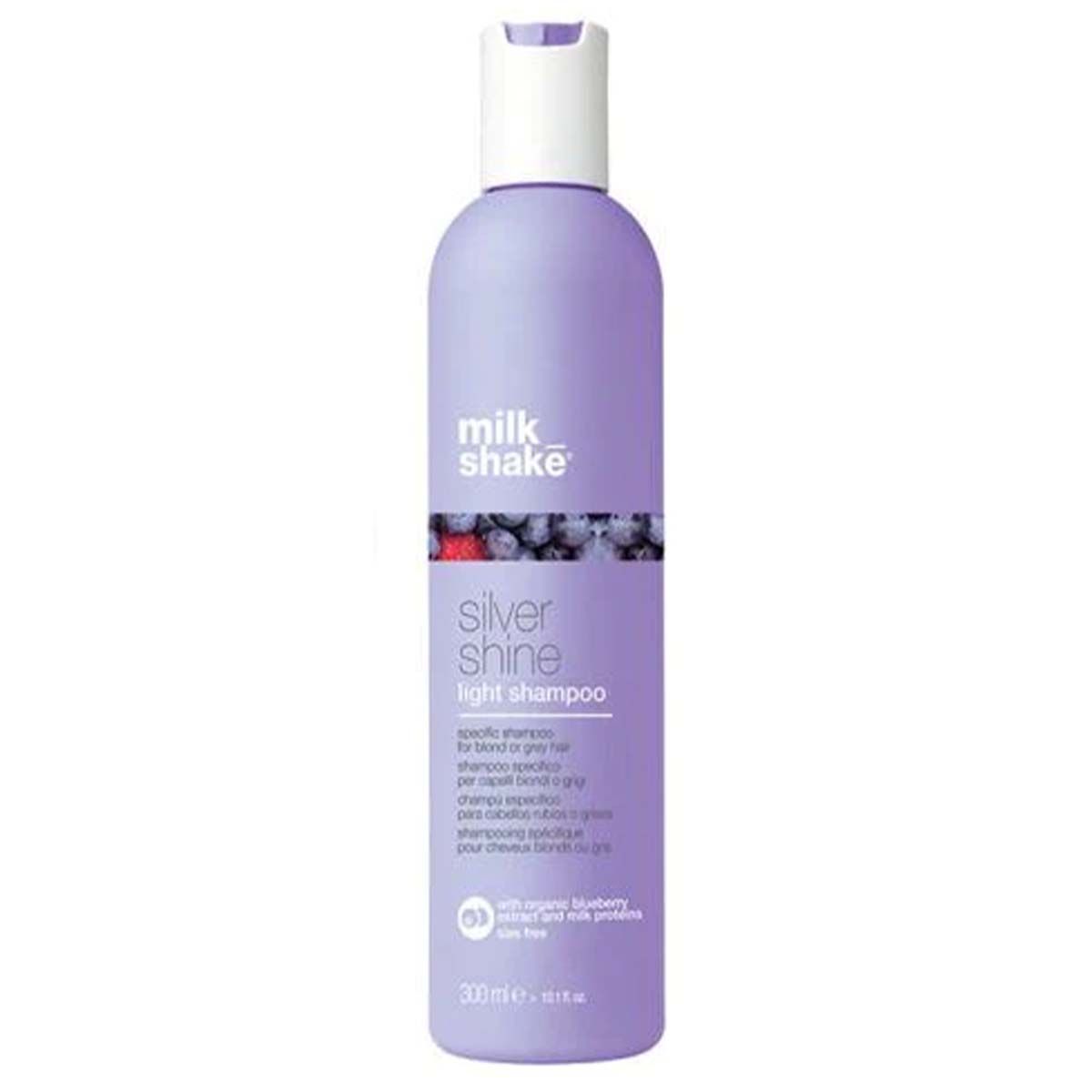 Flacone Milk Shake Silver Shine Light Shampoo, 300ml. Flacone lilla con tappo bianco.