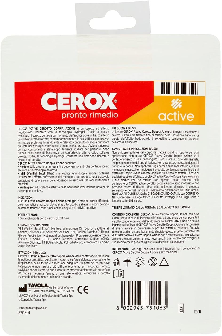 Retro della confezione del prodotto. Testo in italiano. Nome del prodotto e informazioni.