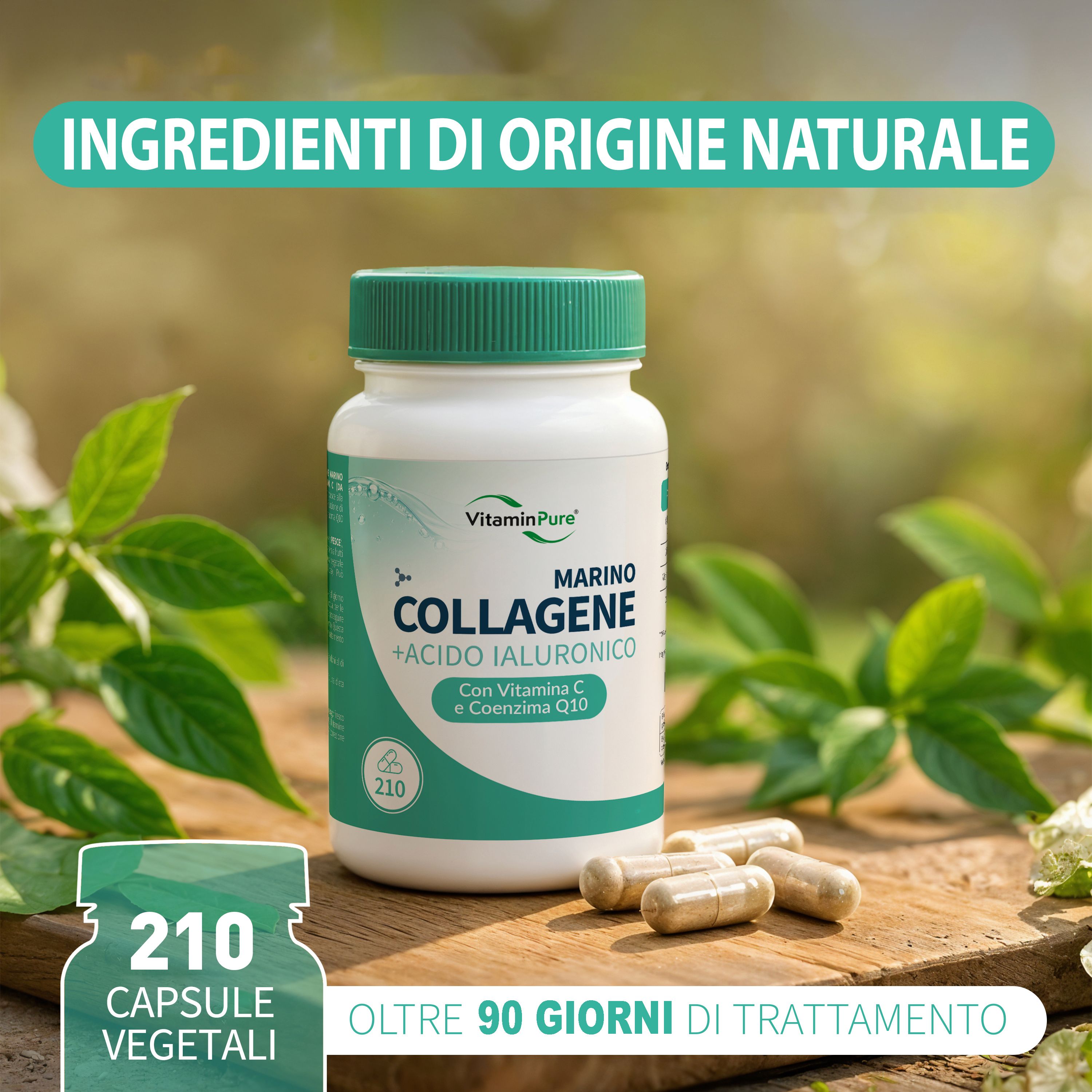 Flacone bianco di capsule di collagene marino + acido ialuronico VitaminPure. Contiene 210 capsule vegetali.