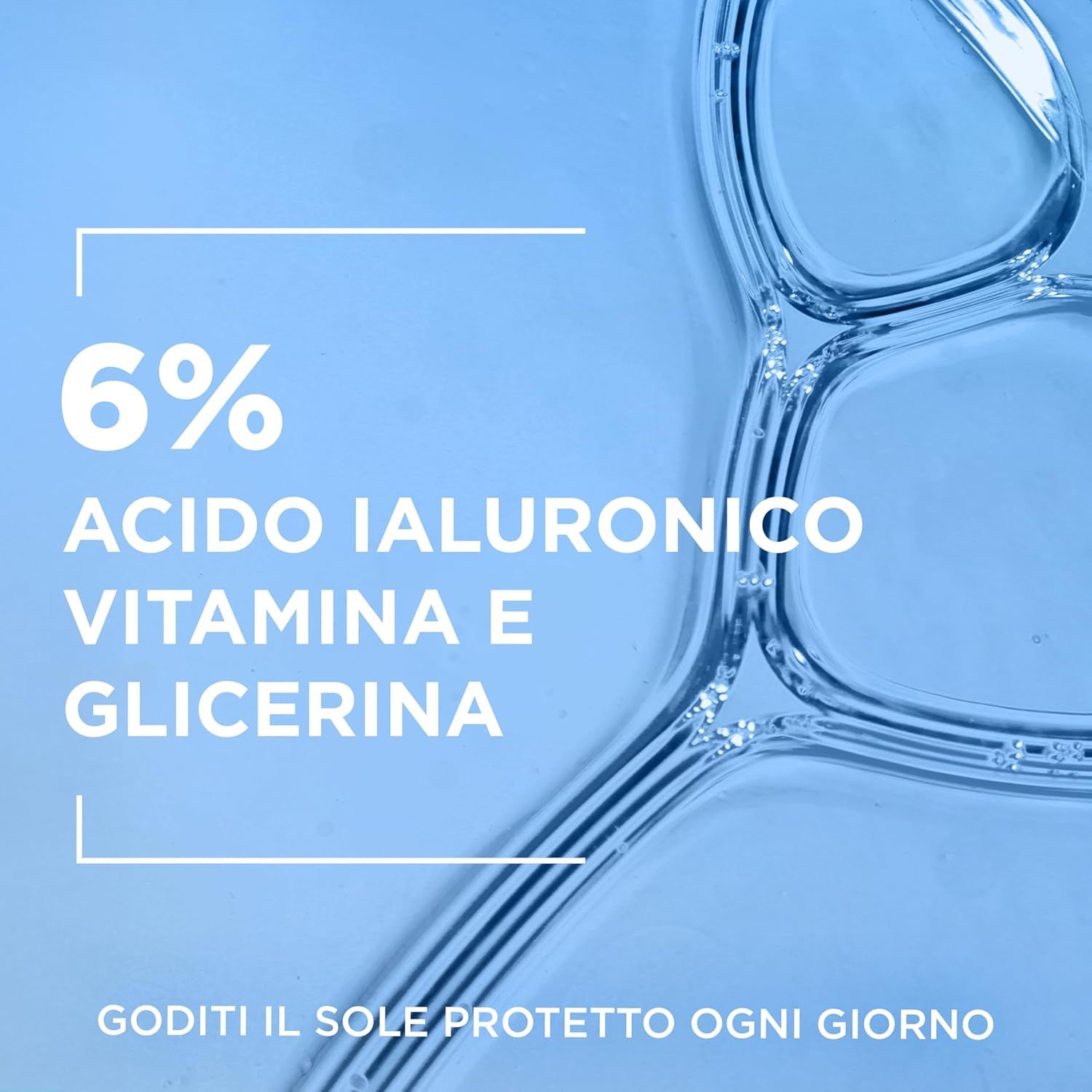 Primo piano di bolle d'acqua. Testo: 6% acido ialuronico, vitamina E, glicerina. Goditi il sole protetto.