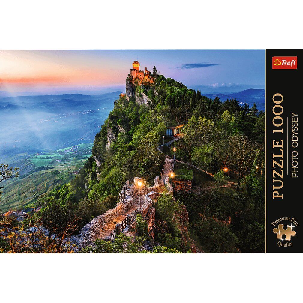 Scatola puzzle con paesaggio. Marca Trefl, puzzle 1000 pezzi, Premium Plus Quality. Montagna con castello.