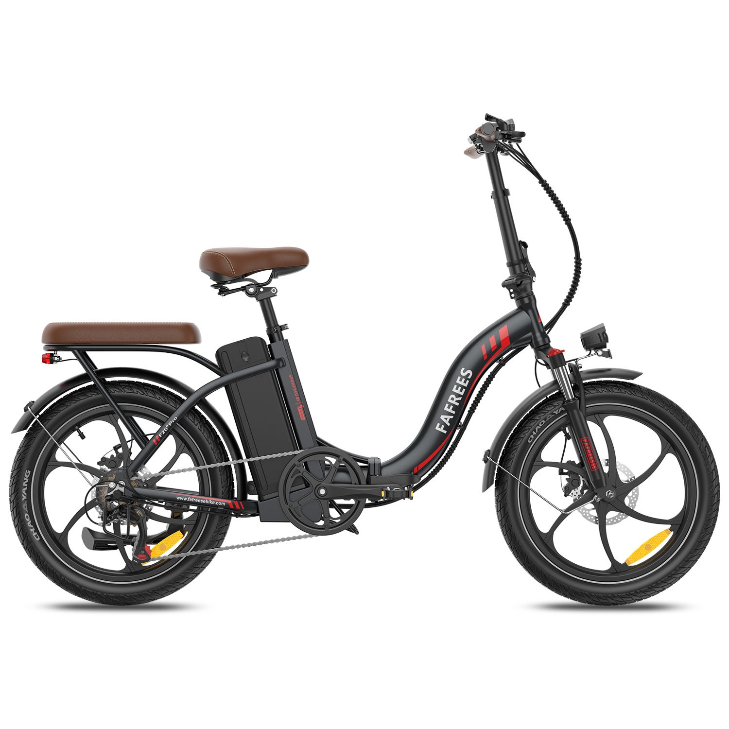 E-bike pieghevole, nero con sella marrone. Marchio Fafrees. Dettagli visibili: ruote, batteria, parafanghi, portapacchi.