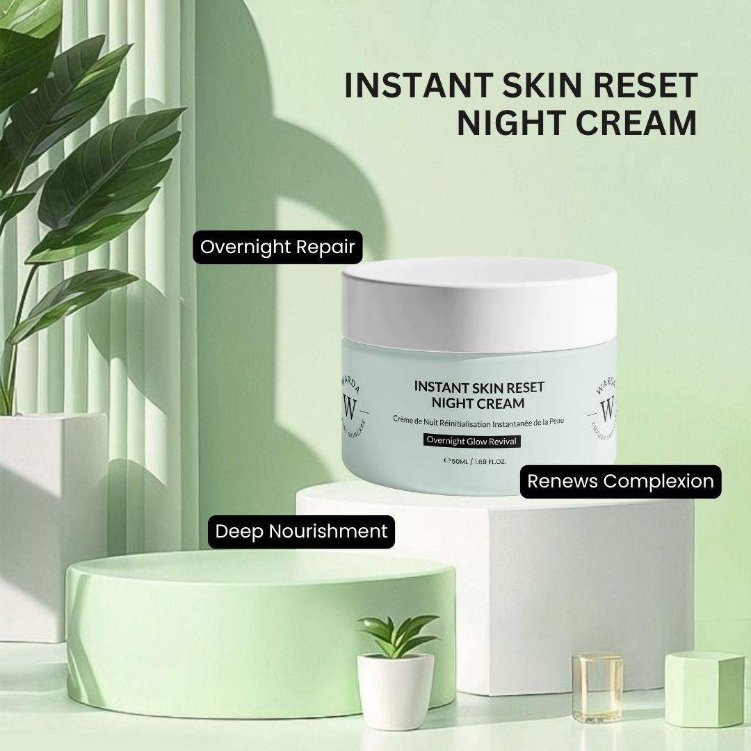 Vaso di crema su piedistallo. Scritta: Instant Skin Reset Night Cream. Marchio: Warda. Crema notte. Testi aggiuntivi.