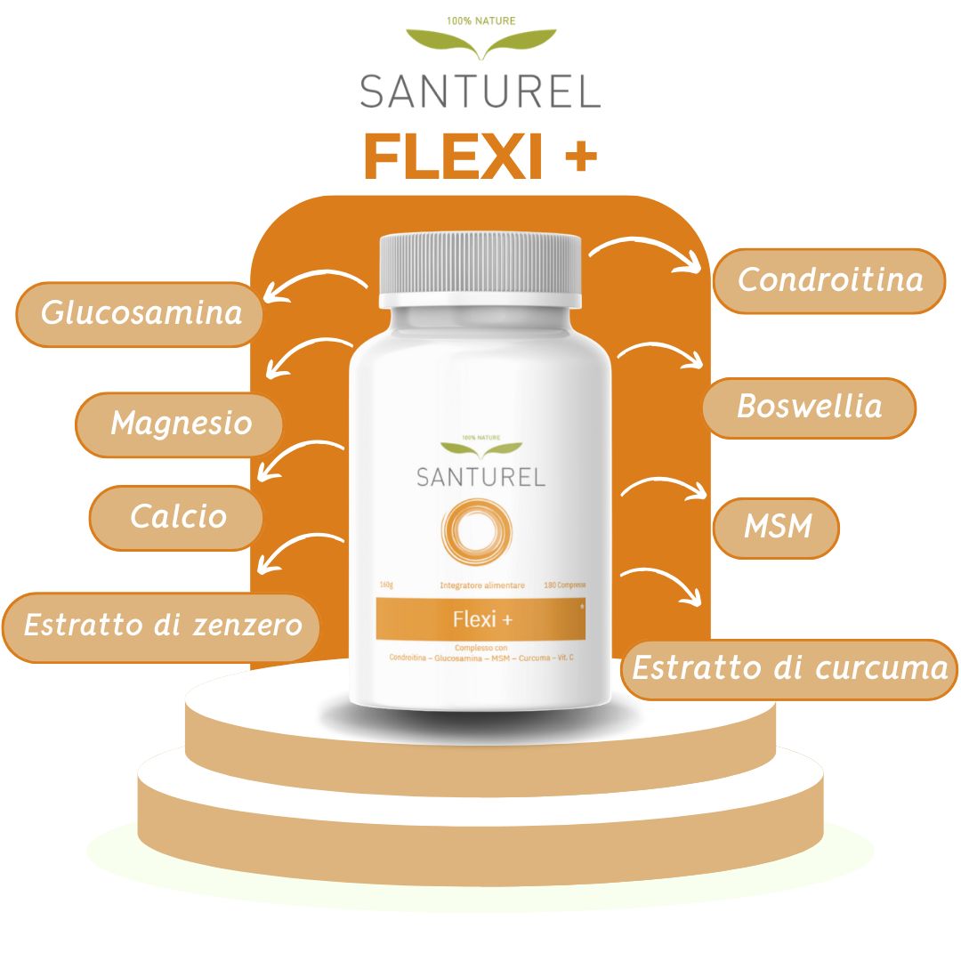Flacone SANTUREL Flexi+ con ingredienti: Glucosamina, Magnesio, Calcio, Zenzero, Condroitina, Vitamina C, MSM, Curcuma.