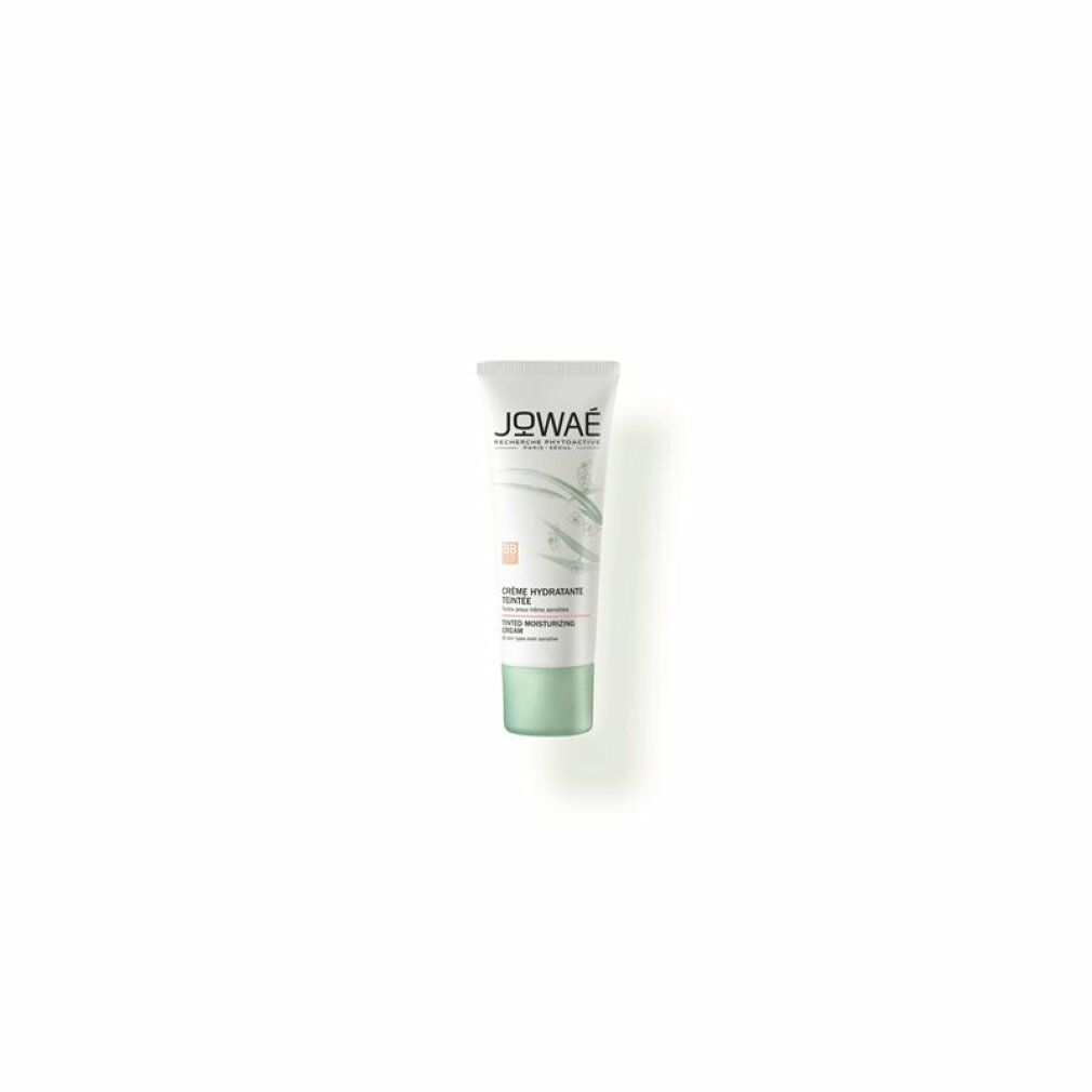 Piccolo tubo bianco con tappo verde. Scritta: JOWAE, Crème Hydratante Teintée, Tinted Moisturizing Cream.