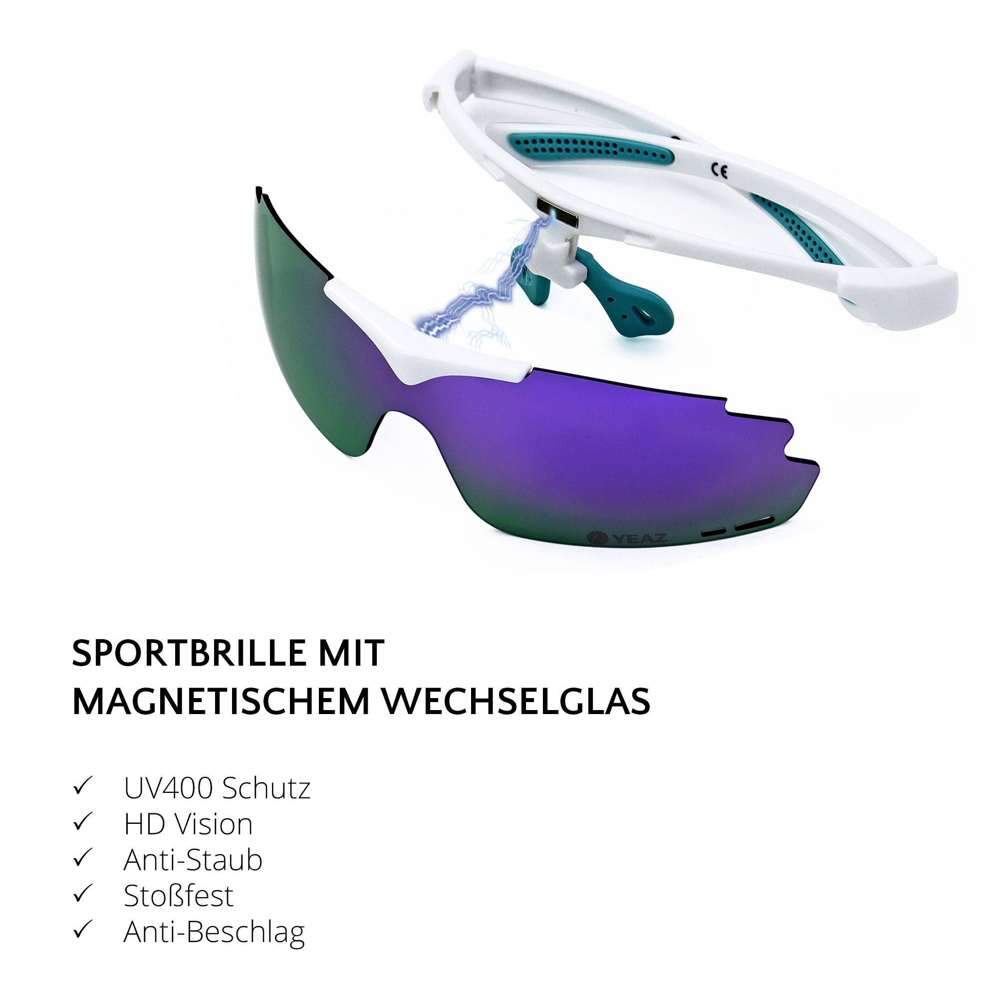 Occhiali sportivi bianchi con lente magnetica intercambiabile specchiata viola-verde. Marchio CE visibile.