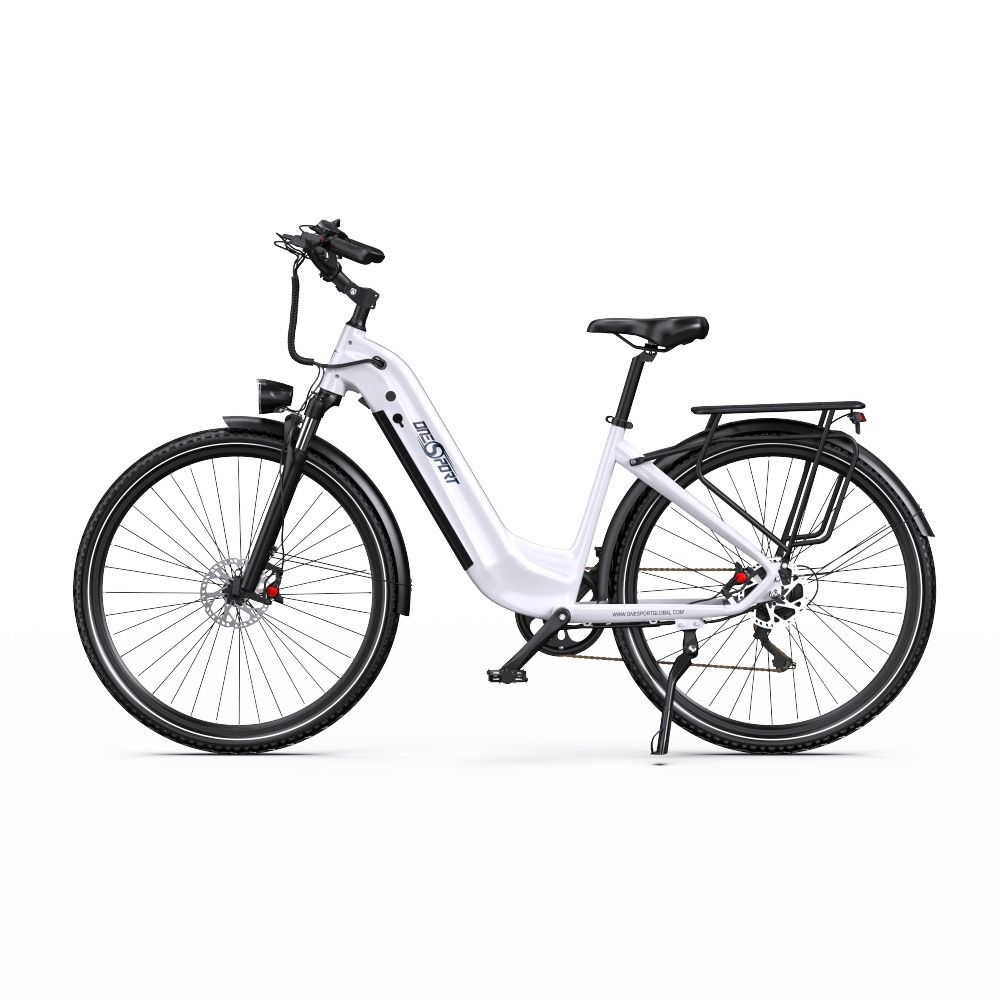 E-bike bianca con dettagli neri. Portapacchi, fanale posteriore e faro visibili. Logo Onesport.