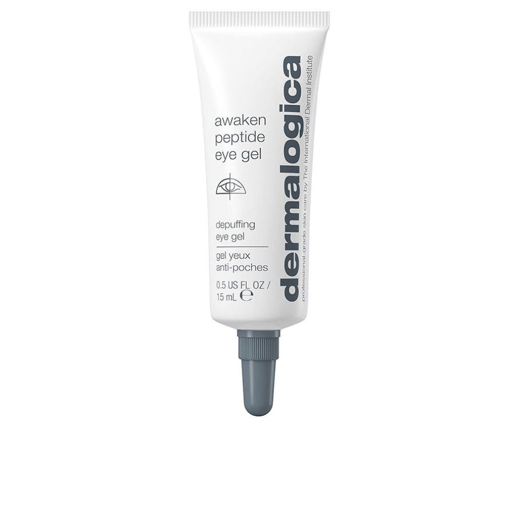 Tubo bianco con tappo grigio. Scritta: awaken peptide eye gel, depuffing eye gel, Dermalogica. 15 ml.