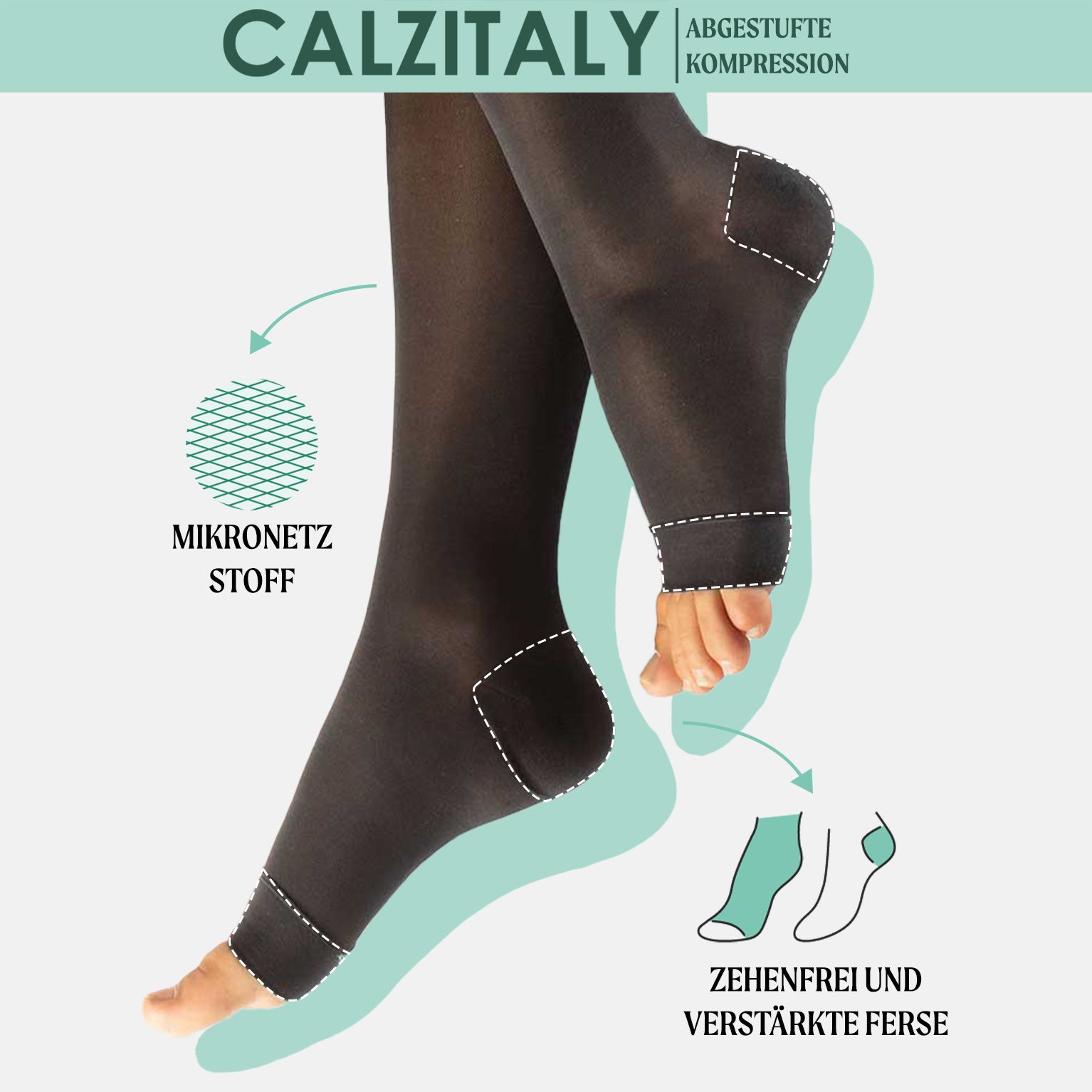 Calze al ginocchio nere, aperte, tessuto a microrete e tallone rinforzato. Made in Italy.