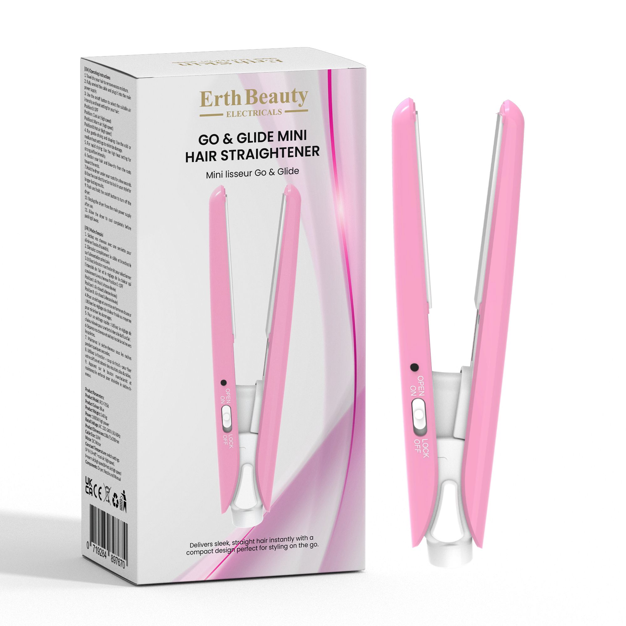 Mini piastra per capelli rosa e confezione. Marchio e nome del prodotto visibili. Scatola bianca con immagine e testo.