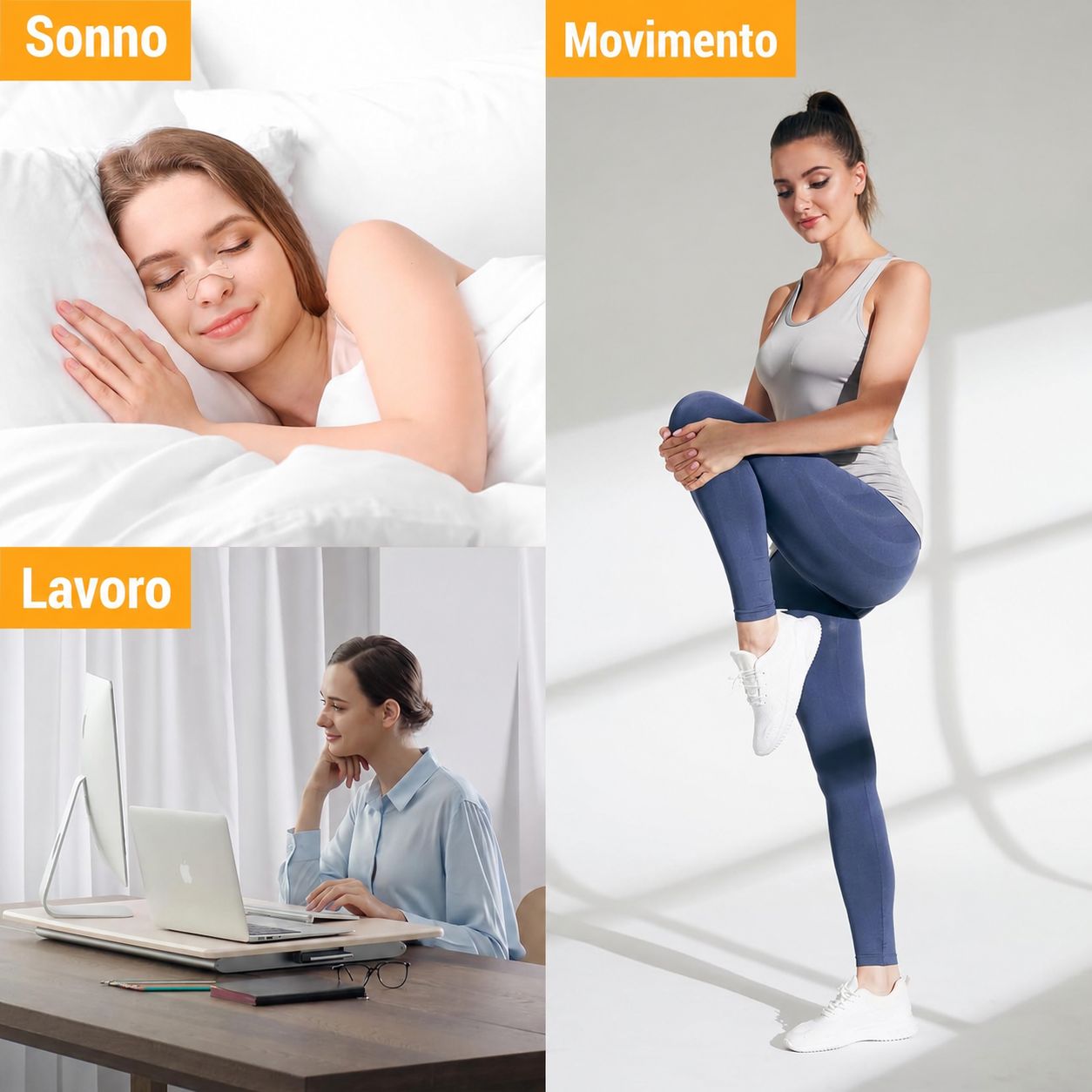 Tre scene: dormire, muoversi, lavorare. Tutte le persone indossano cerotti nasali.