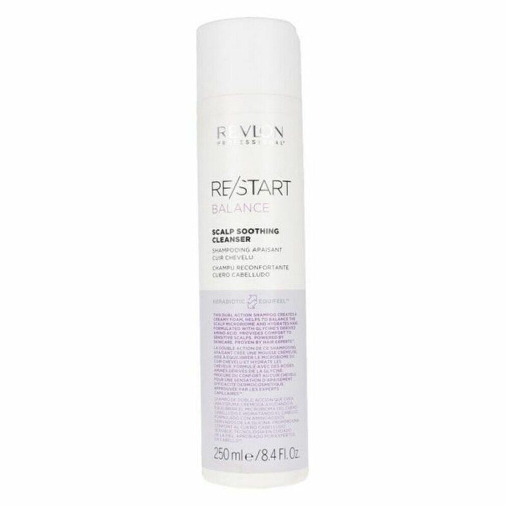 Flacone cilindrico bianco. Scritta: RE/START BALANCE, SCALP SOOTHING CLEANSER. 250 ml/8.4 Fl Oz.