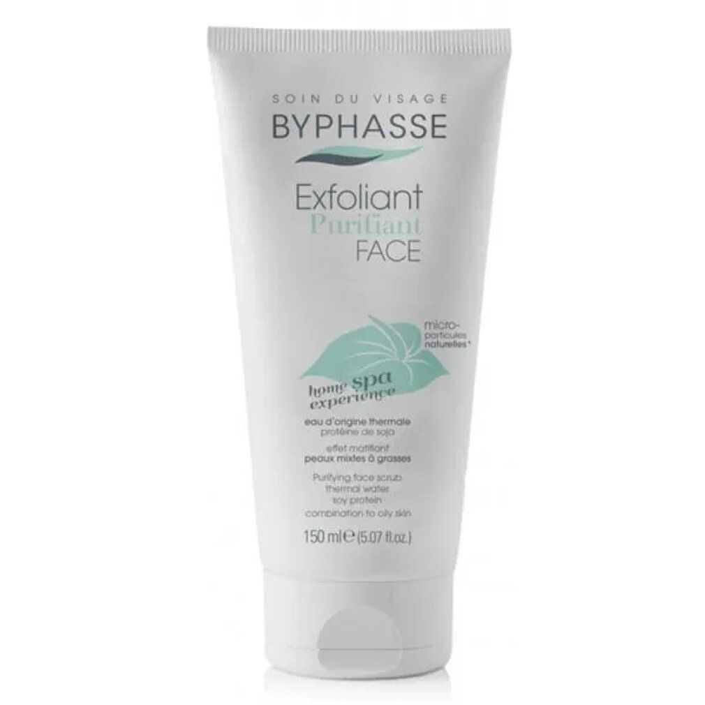Tubo bianco con testo: BYPHASSE, EXFOLIANT PURIFIANT FACE, home spa experience. Contiene acqua termale. Per pelli grasse.