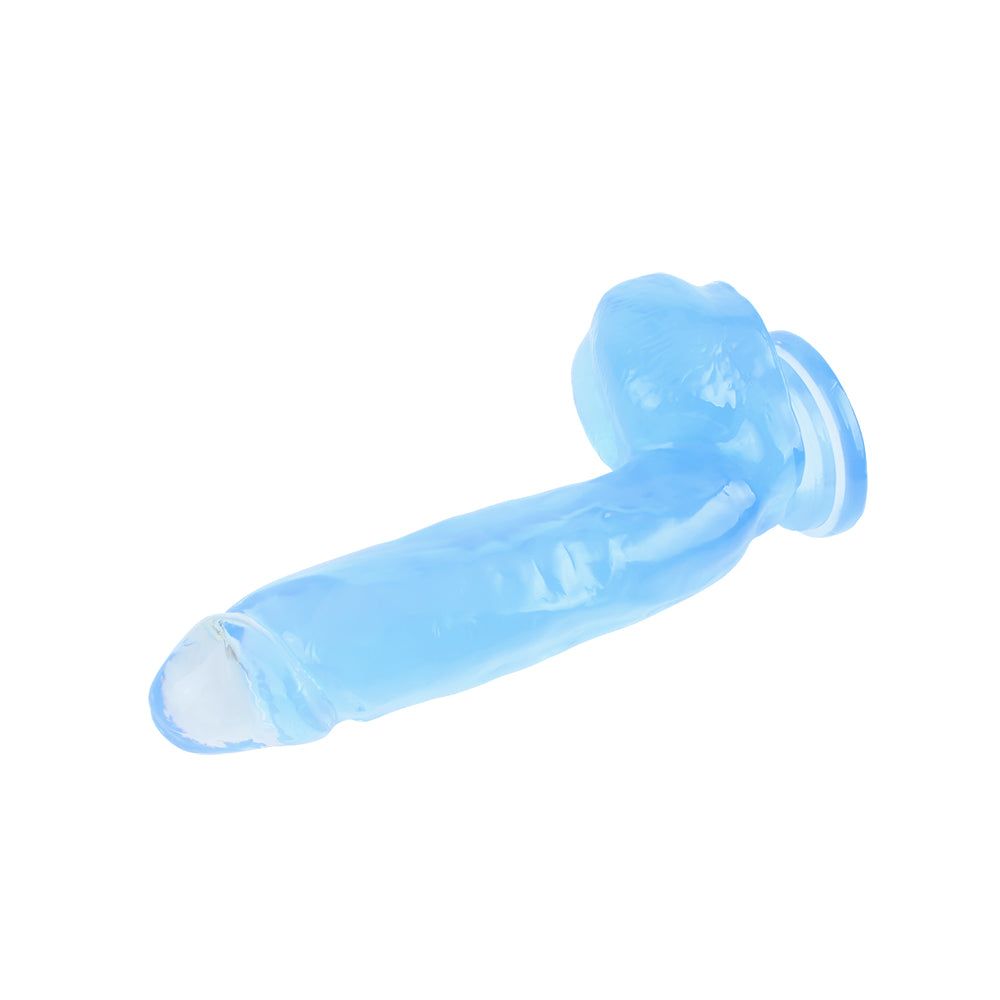 Dildo realistico blu. Con base e testa. Realizzato in materiale trasparente.