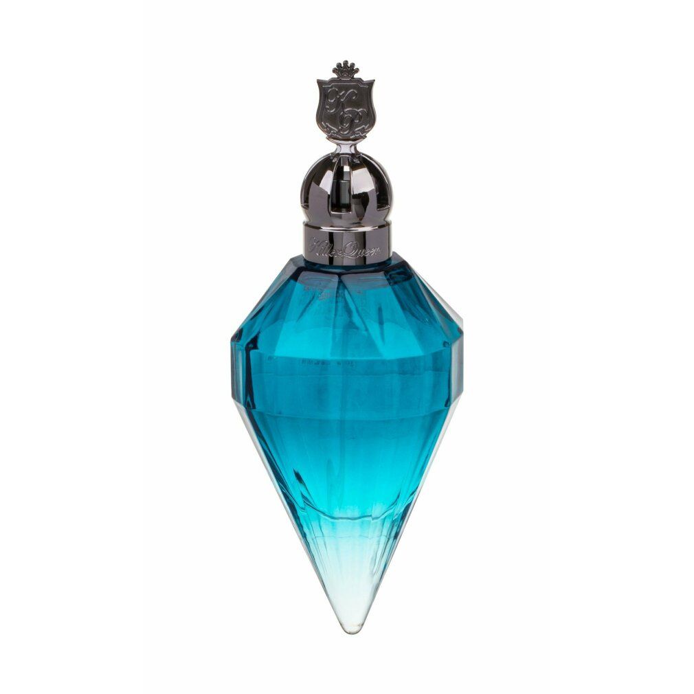 Flacone di profumo blu a forma di diamante, tappo argentato con corona. Su sfondo bianco.