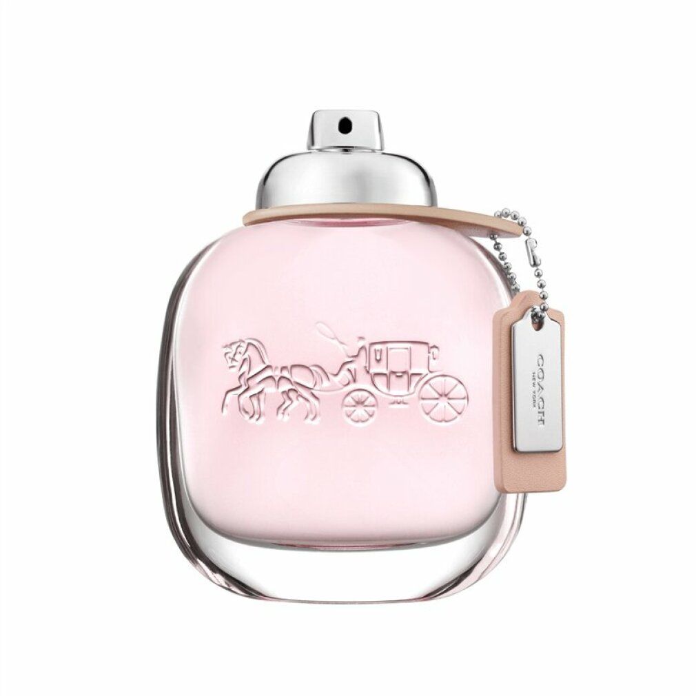 Flacone rosa Eau de Toilette. Logo e scritta COACH. Ciondolo con logo. Flacone in vetro. Liquido rosa chiaro.