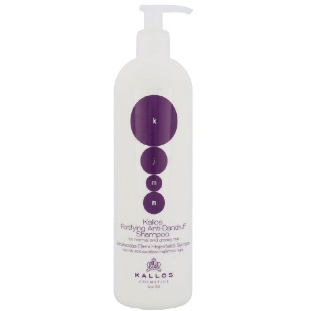 Flacone bianco con pompa Kallos Fortifying Anti-Dandruff Shampoo con cerchi viola e testo.
