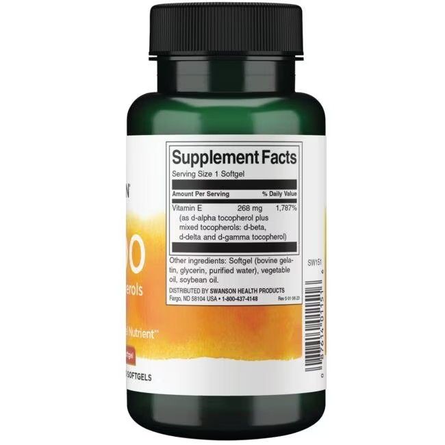 Retro del flacone verde. Scritta: Supplement Facts. Contiene vitamina E, tocoferoli misti.