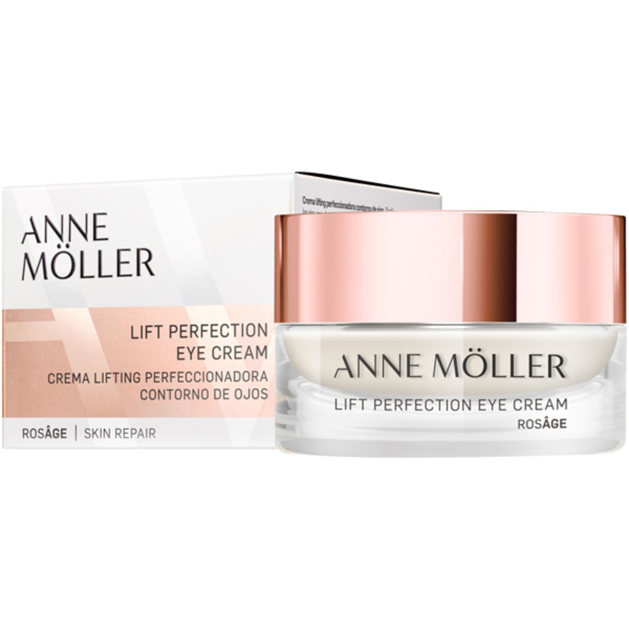 Vasetto di crema e confezione. Scritta: ANNE MÖLLER, LIFT PERFECTION EYE CREAM. Confezione: CREMA LIFTING PERFECCIONADORA.