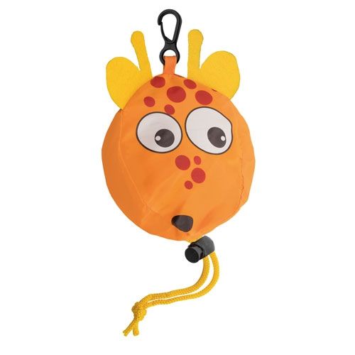 Faccia di giraffa piegata con orecchie gialle e macchie rosse. Moschettone nero e cordino giallo. Arancione.