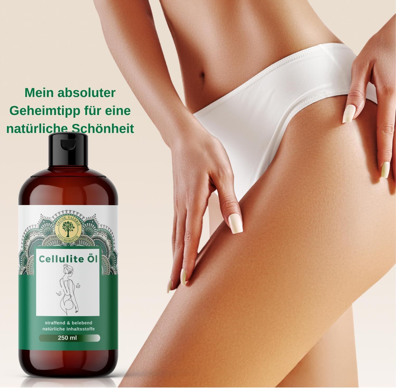 Flacone marrone GRÜNE VALERIE Cellulite Öl. Etichetta con testo e illustrazione. Donna e gamba.