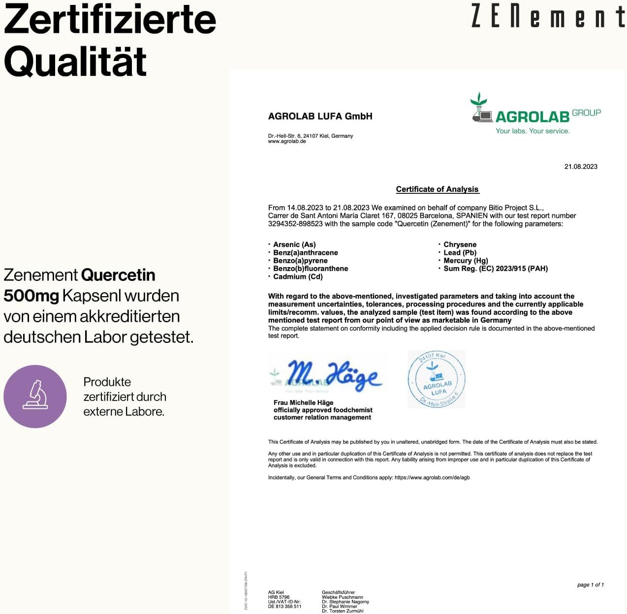 Certificato di Agrolab LUFA GmbH. Testo: Le capsule di quercetina Zenement 500mg sono state testate da un laboratorio tedesco accreditato.