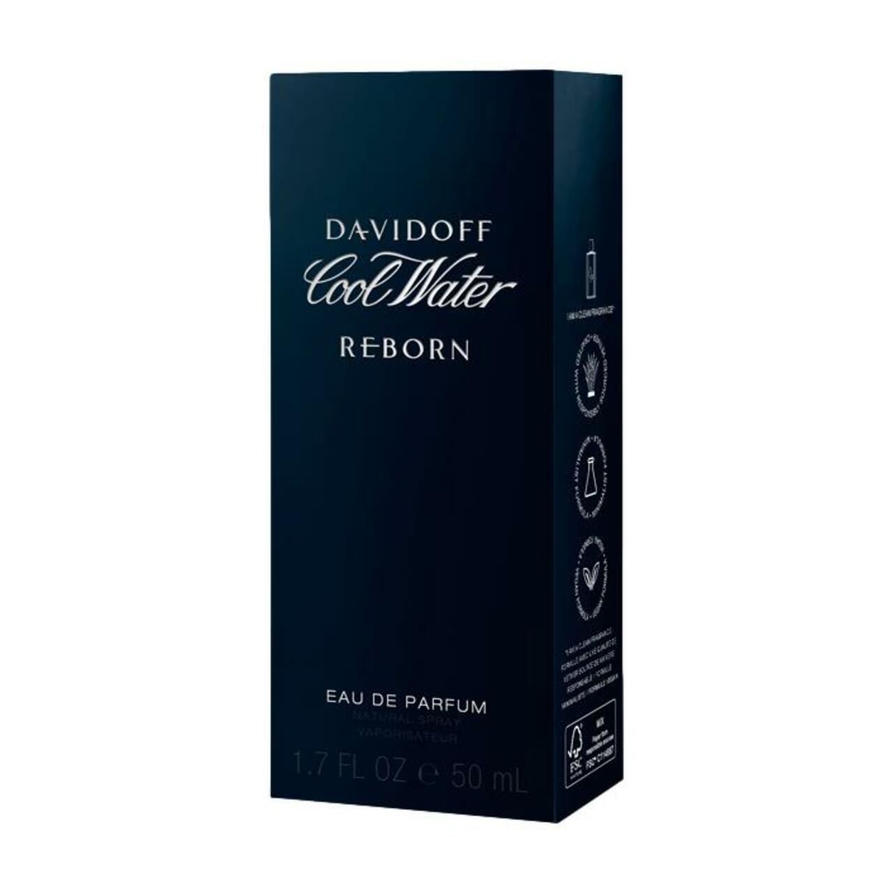 Confezione blu con scritta: Davidoff Cool Water Reborn, Eau de Parfum. Stampe: logo, testo, certificazioni.