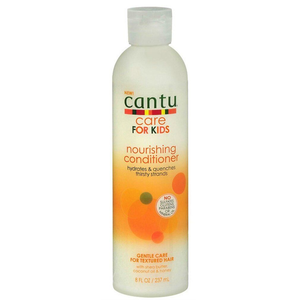 Flacone bianco Cantu Care For Kids. Etichetta con cerchi arancioni e gialli. Testo: Nourishing Conditioner.