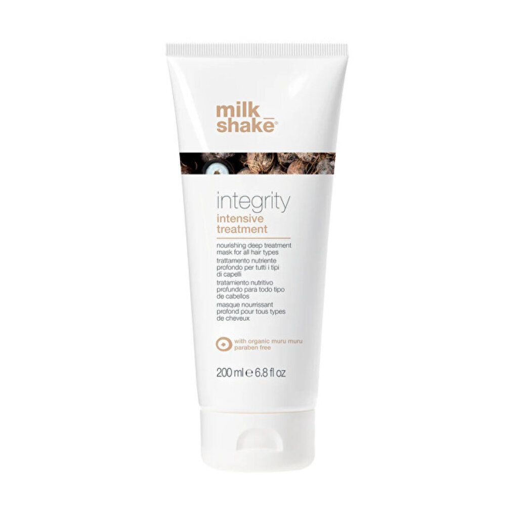 Tubo bianco con dettagli marroni. Scritta: milk_shake, integrity intensive treatment. 200 ml.