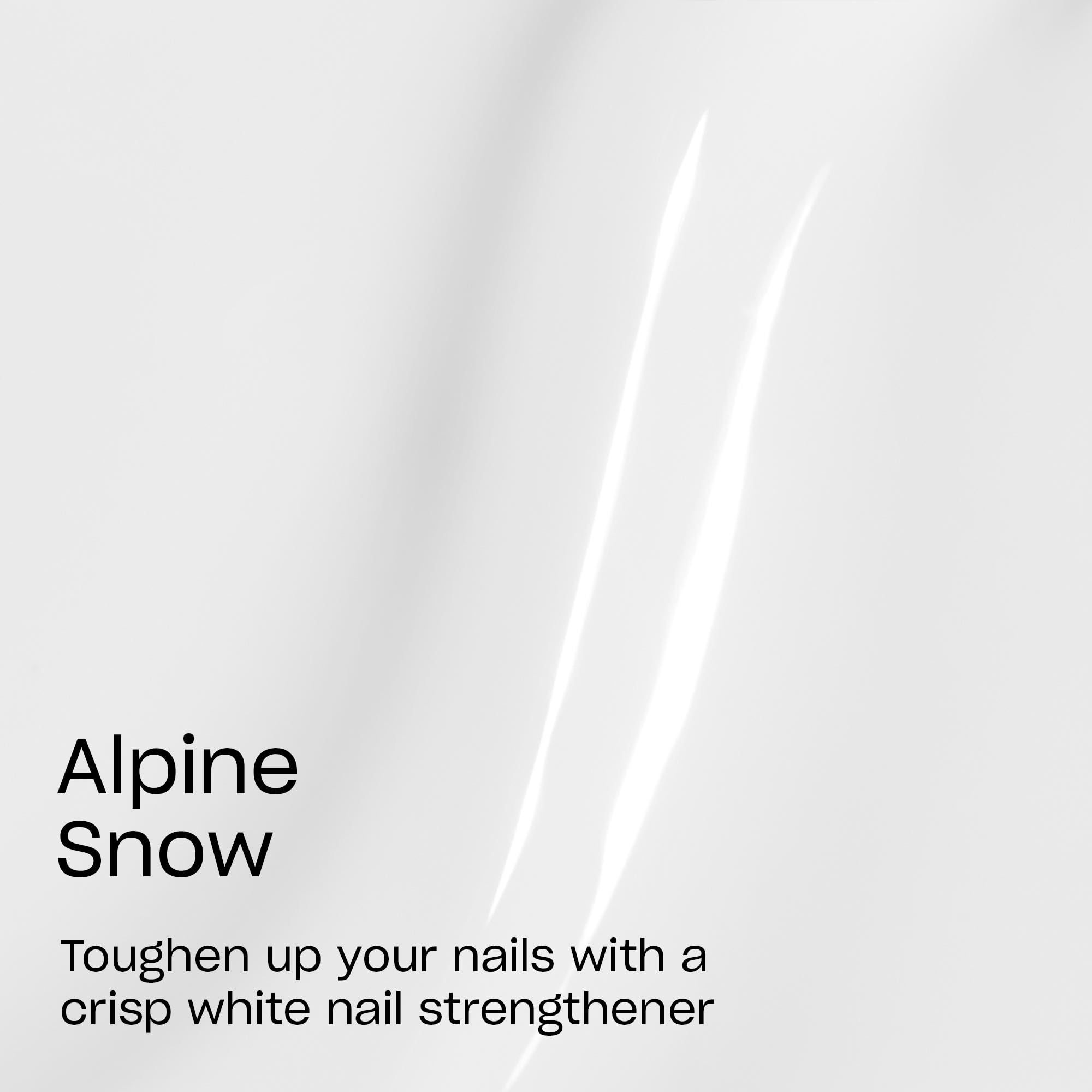 Primo piano di smalto bianco. Testo: Alpine Snow, rinforzante unghie.