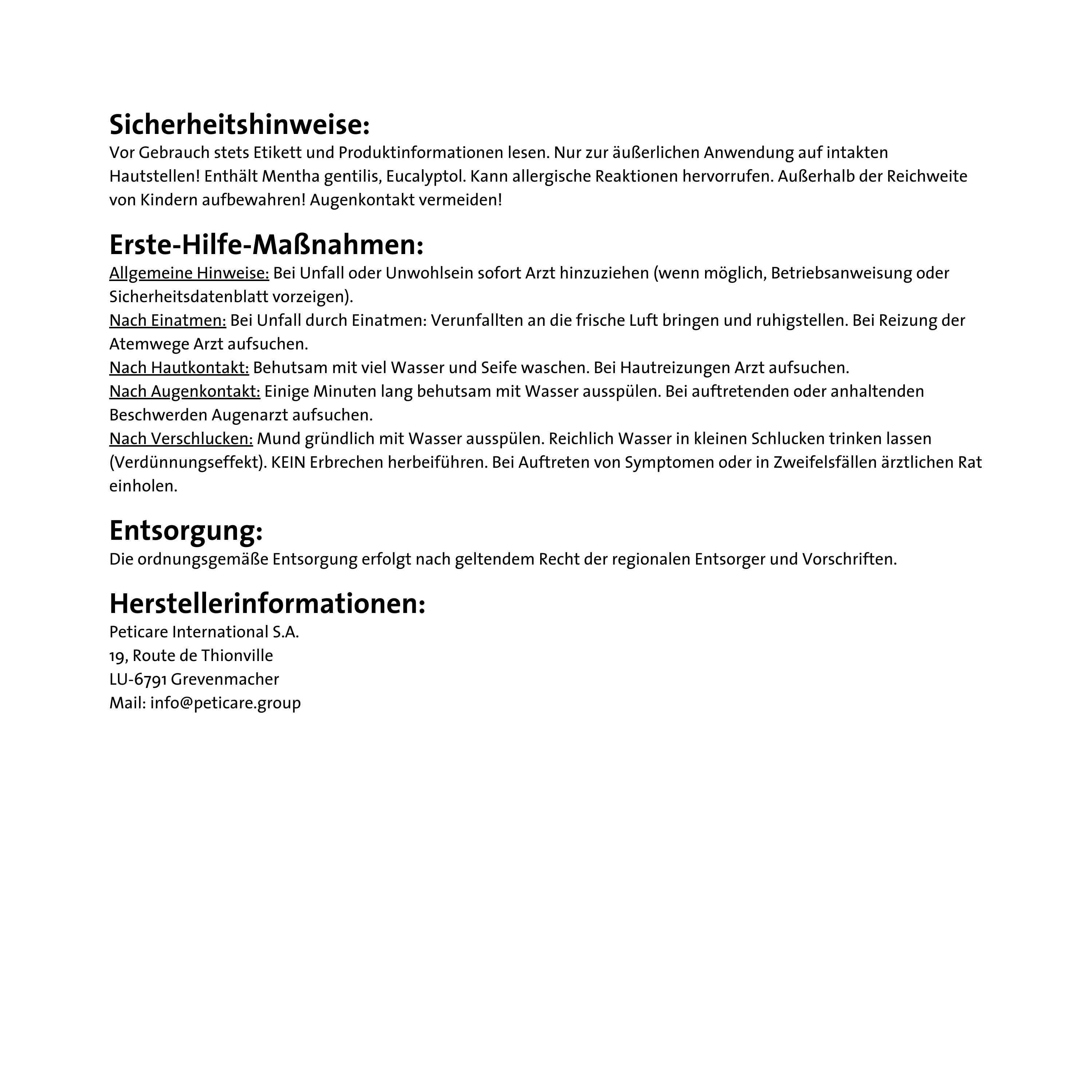 Istruzioni di sicurezza e di primo soccorso. Testo su sfondo bianco. Informazioni sul produttore: Peticare International S.A.