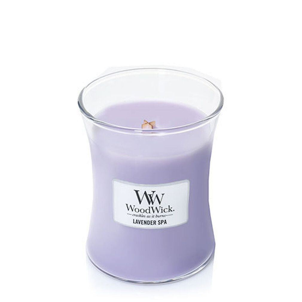 Candela a clessidra con etichetta "WoodWick Lavender Spa".