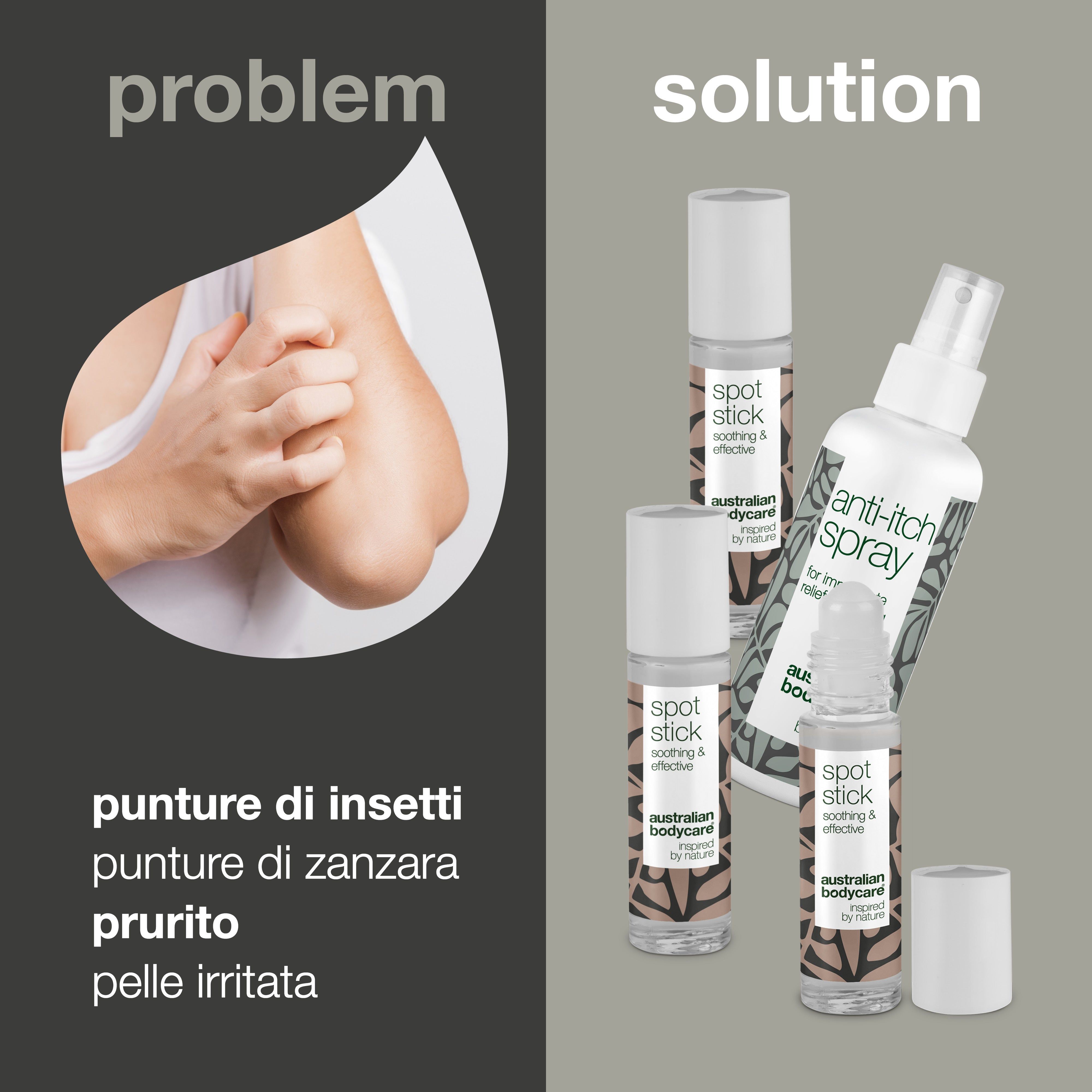 Collage con persone e prodotti. Prodotti: Australian Bodycare, roll-on Spot Stick e crema.