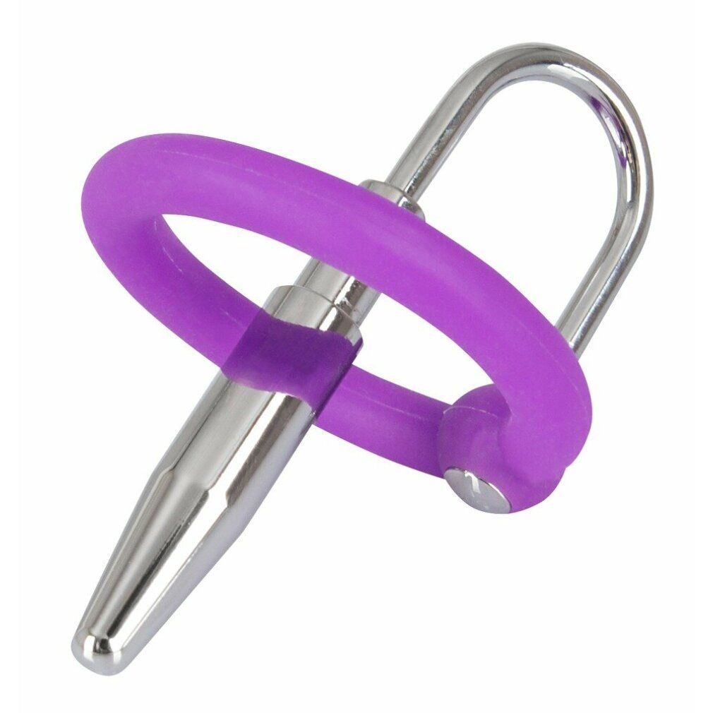 Plug argentato con anello in silicone viola. L'anello circonda il plug. Il plug ha una punta arrotondata e un'impugnatura in metallo.
