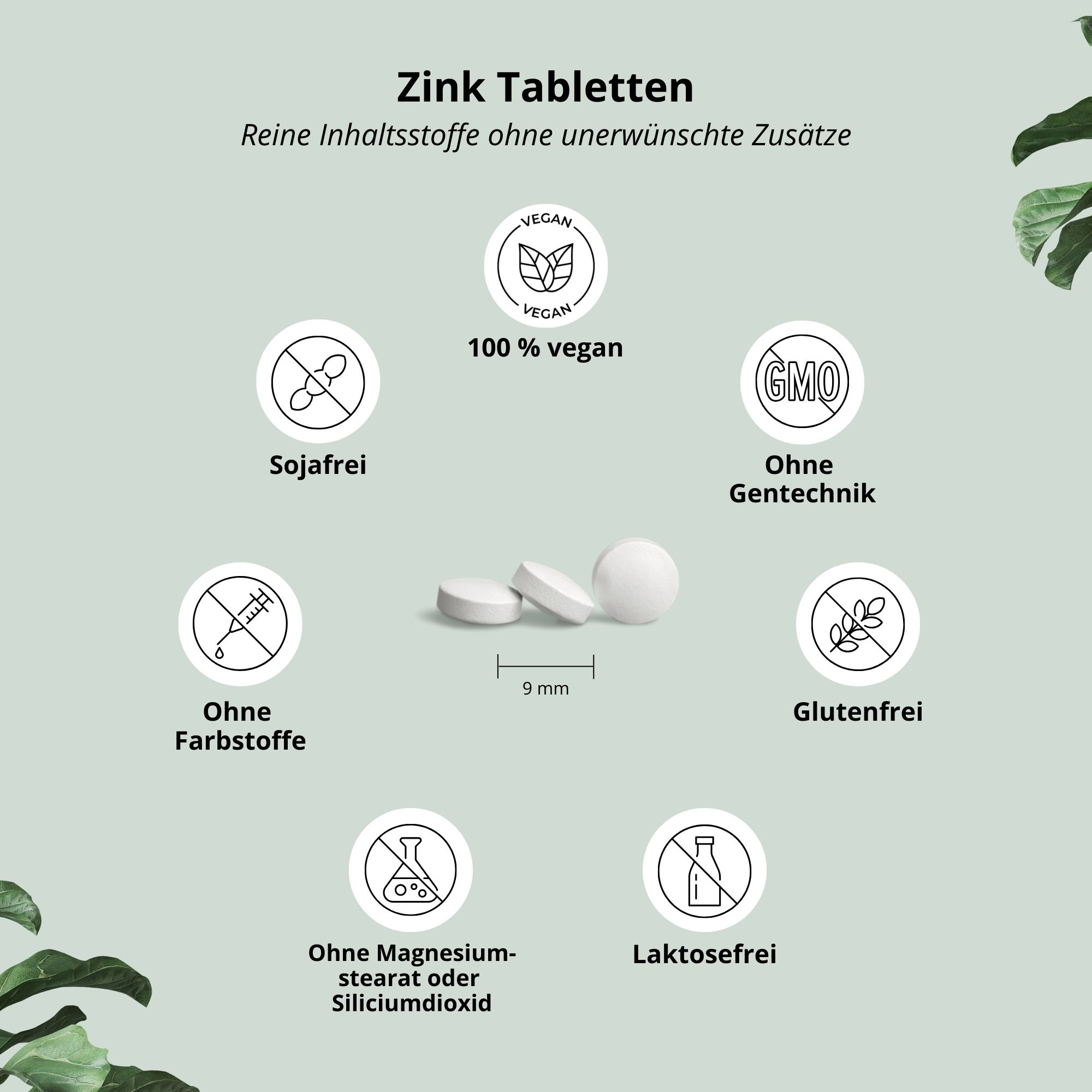 Tre compresse bianche. Testo: 9 mm. Simboli: vegano, 100% vegano, senza OGM, senza coloranti, senza glutine, senza magnesio stearato, senza lattosio.