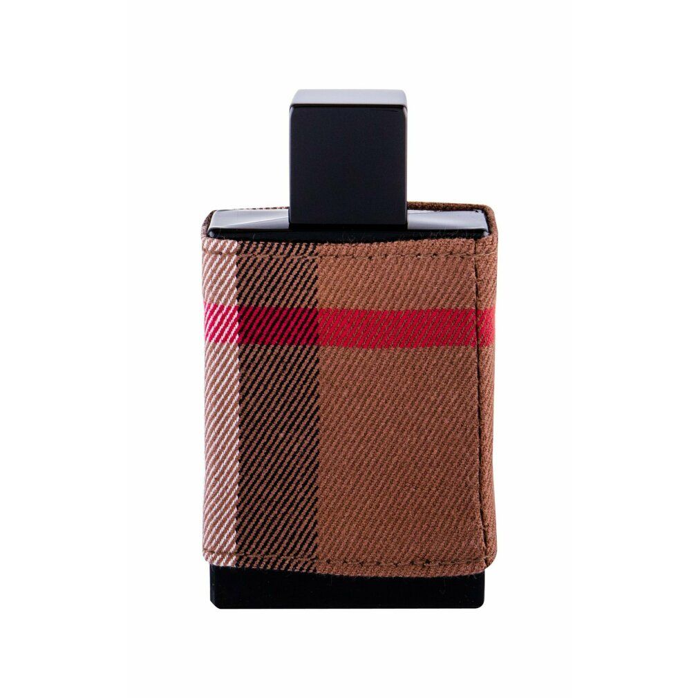 Burberry London Men Eau de Toilette Spray. Flacone rettangolare con tessuto a quadri. Tappo nero.