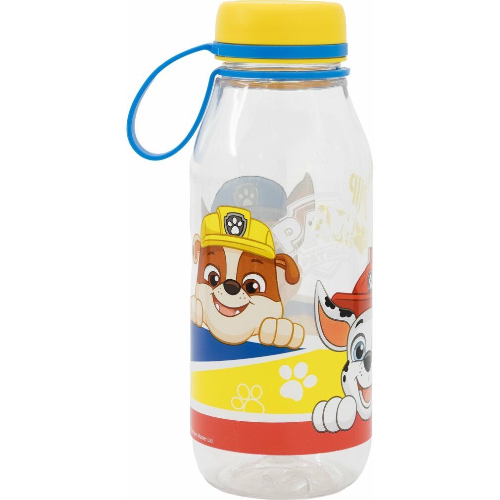 Borraccia trasparente con tappo giallo e manico blu. Personaggi Paw Patrol.