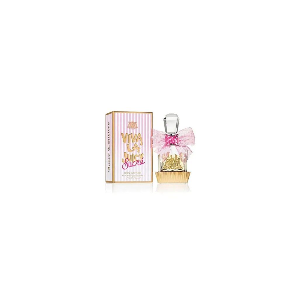 Flacone di profumo con fiocco rosa e base dorata accanto a una scatola a righe rosa. Testo: Viva La Juicy Sucre.